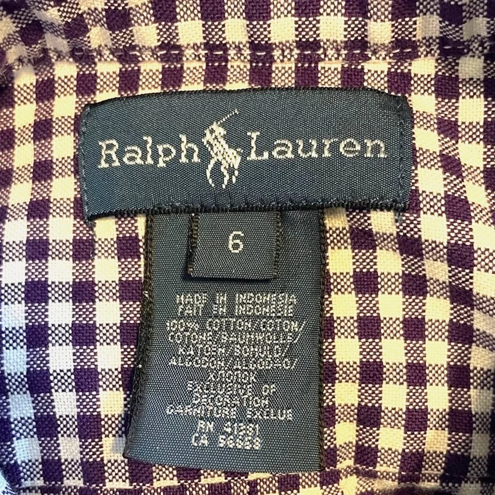 Ralph Lauren Boys Button Down Shirt Size 6 Purple White Gingham Pony Logo